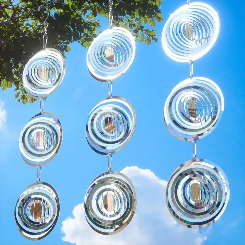 C Stainless Steel Reflective Bird Repellent With Hook 3D Rotating Heart Wind Chime Bird Deterrent Farm Garden Hanging Decor