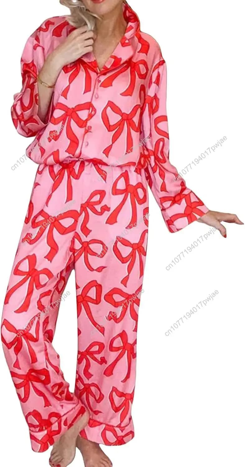 Tsultryofs Y2k women's pajamas set with two-piece bow with buttons Complete pajamas with long sleeve shirt and coordinated trousers Night garments