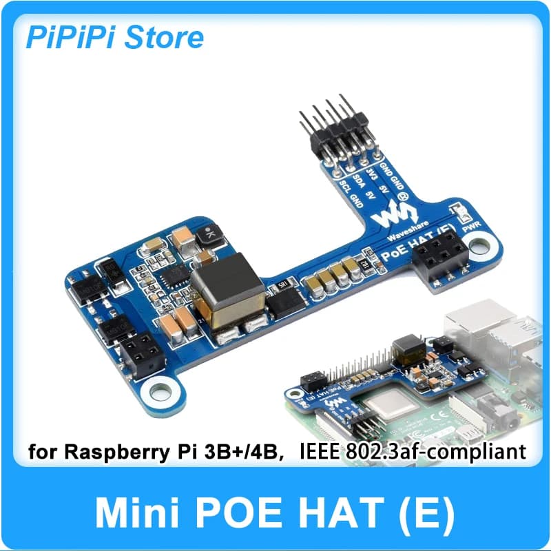 Waveshare PoE HAT (E) Mini Power Over Ethernet HAT For Raspberry Pi 3B+/4B IEEE 802.3af 5V 2.5A Fit Official Case