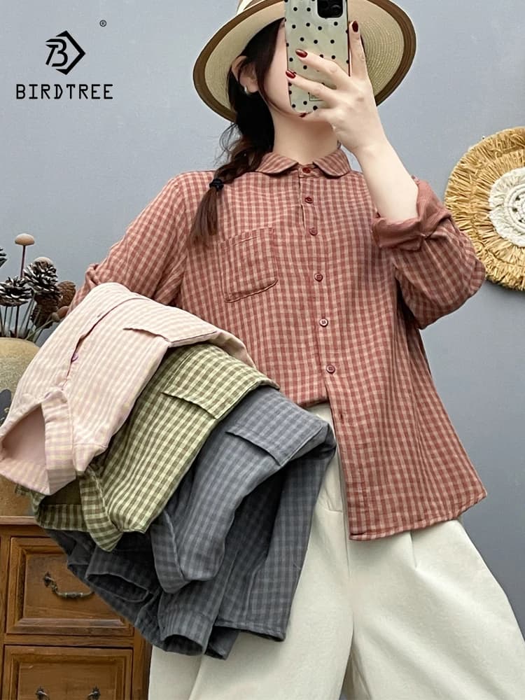 Nuova Camicia Primaverile 2026 da Donna in Cotone a Maniche Lunghe, Colletto Rovesciato a Quadri, Stile Mori Girl, Casual Traspirante e Comoda T61822CC