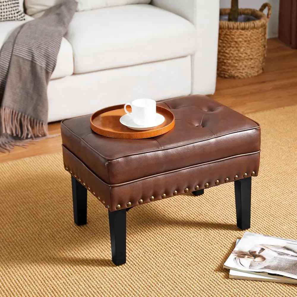 Pouf in Ecopelle Stile Mid-Century, Sgabello Moderno in Pelle PU, Poggiapiedi per Trucco e Arredo Soggiorno