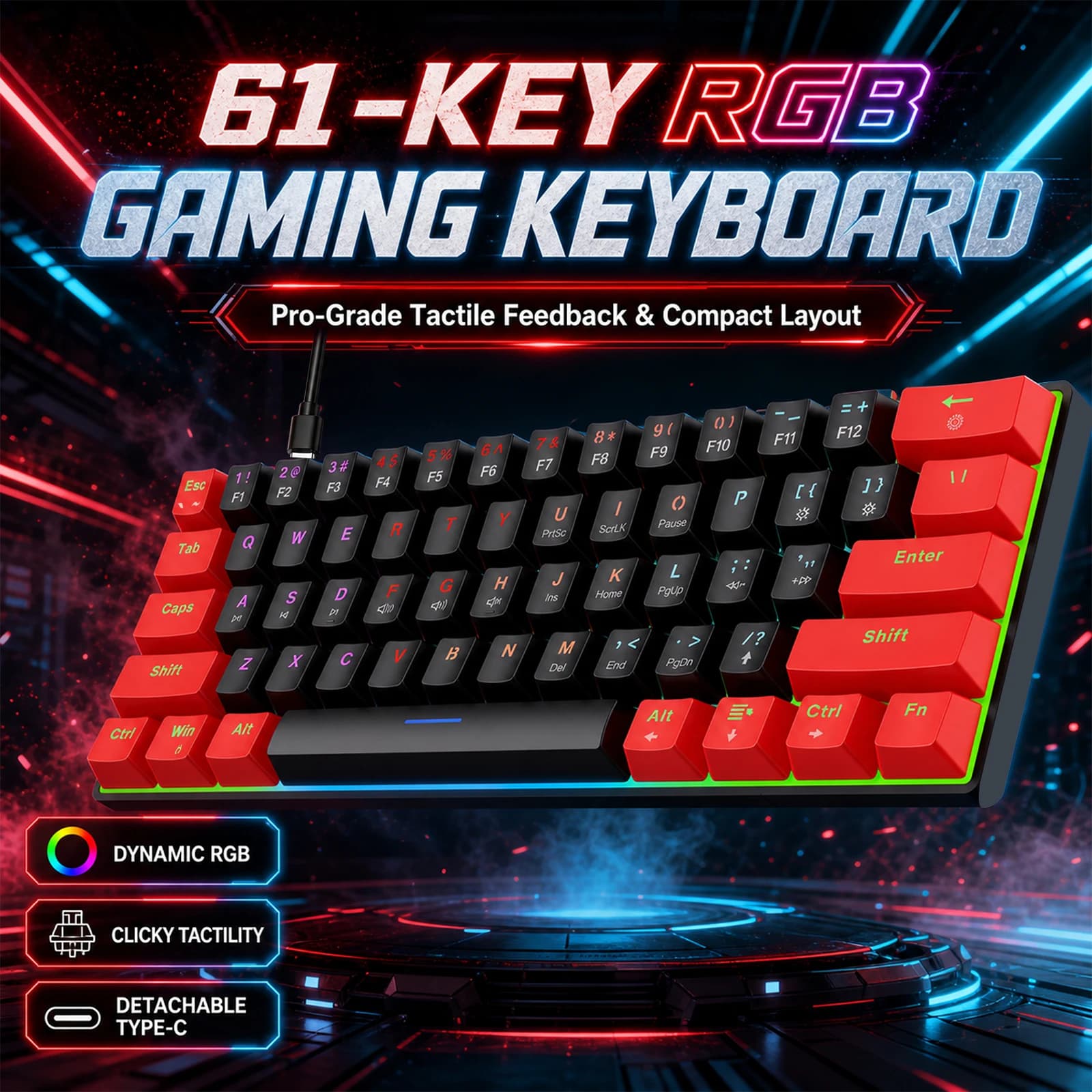 HXSJ 61‑Key 60% RGB Gaming Keyboard Clicky Tactile Switch Detachable Type‑C Wired Compact Keyboard for PC Laptop Gamer