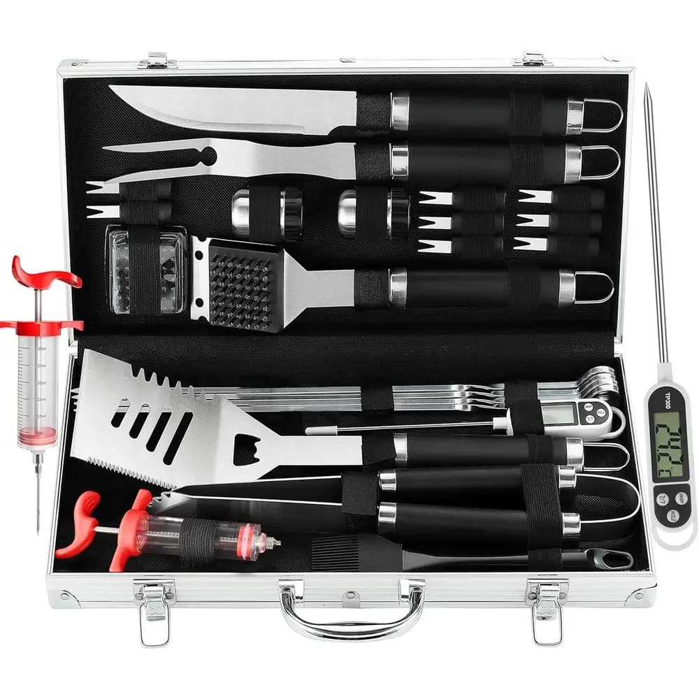 Set di 24 Utensili per Barbecue con Termometro e Iniettore per Carne - Forchetta, Spatola, Pinze in Acciaio Inox Resistente - Accessori Completi