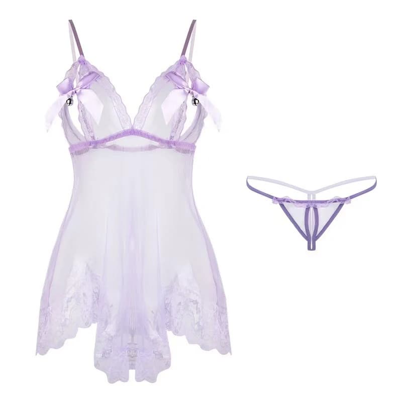 Women's Lace Sexy Mesh Nightgown Set See-through Spaghetti Strap Bow Hollow Out Dress