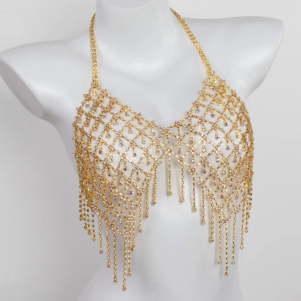 Reggiseno e biancheria intima con strass stile bikini con nappa in rete sexy Set da due pezzi Catena per il corpo da discoteca
