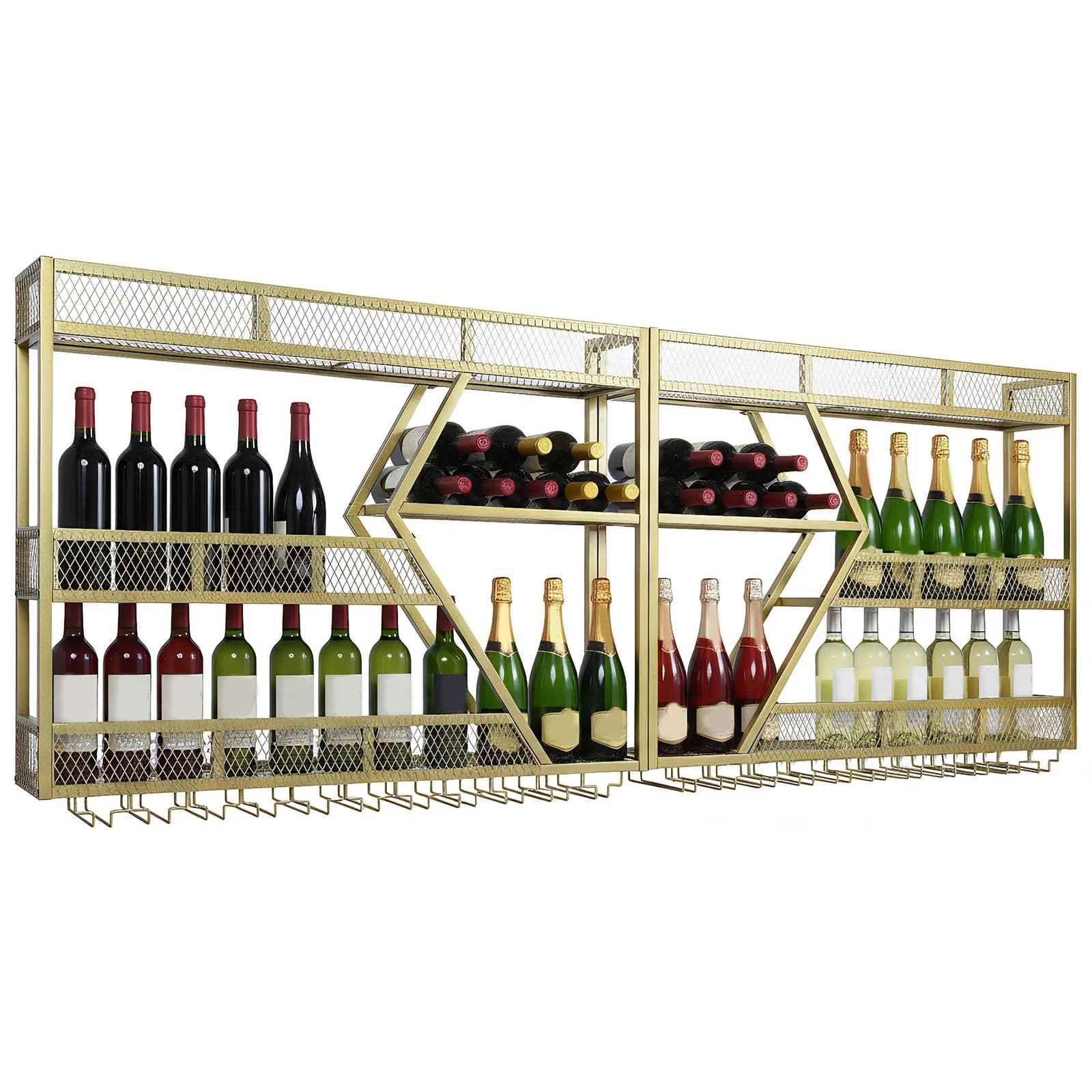 Scaffale Espositivo in Metallo per Bottiglie di Vino con Porta Calici e Barra Appendibile, Porta Liquori per Casa e Sala da Pranzo