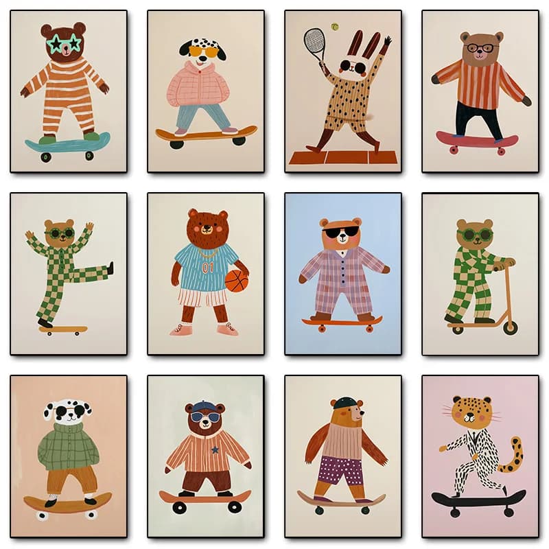 Sport Cool Skateboarding Dog Dancing Raccoon Basket Bear Poster Stampa Immagini di arte della parete Pittura su tela Room Home Decor