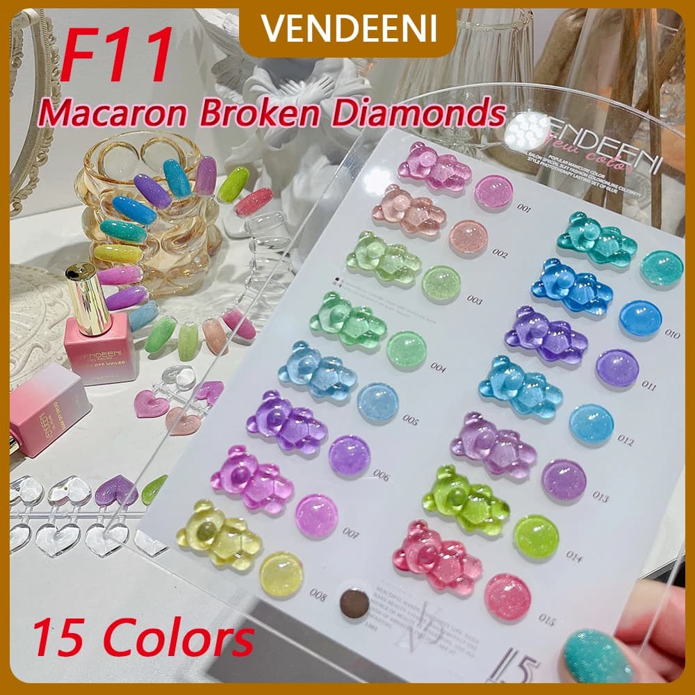 Vendeeni 15 colori/Set Macaron Broken Diamonds Gel smalto per unghie Semi permanente Glitter riflettente UV LED Soak Off Gel vernice