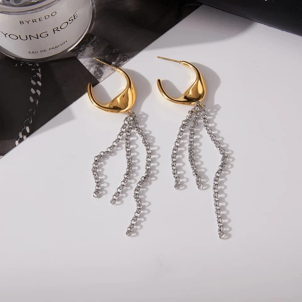 316L Stainless steel Chic Gold Crescent Moon Earrings with Silver Chain Tassels - Trendy Fashion Jewelry