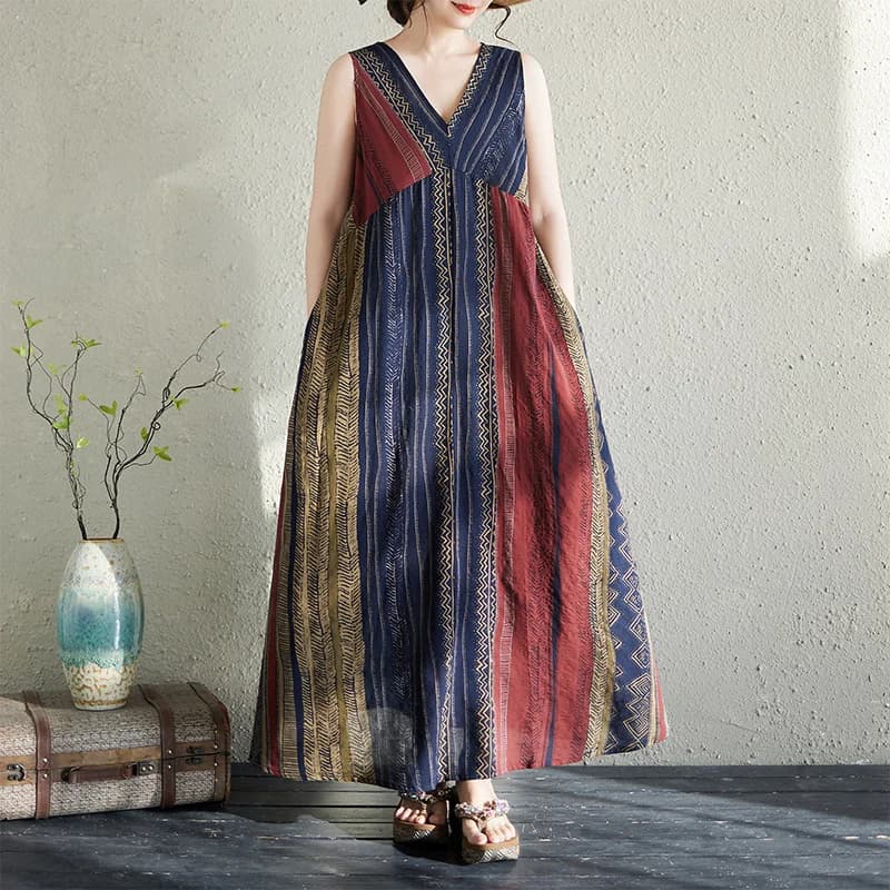 Summer Stripe Design V-Neck Sleeveless Long Dress Women's Elegant Thinming Dress Artistic Style Loose Fit Citywalk Cotton Blend