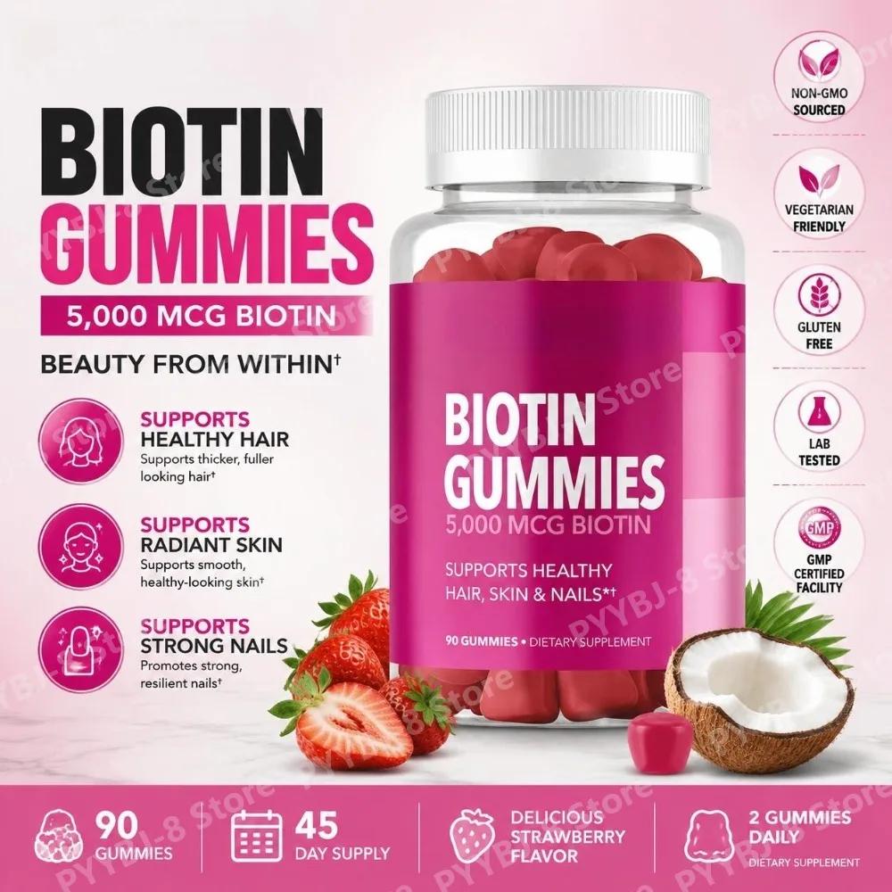 Biotin 5000mcg Gummies for Hair Skin Nails Support, Strawberry Flavor, Pectin-Based Vegetarian Formula, 90 Gummies, 45 Servings