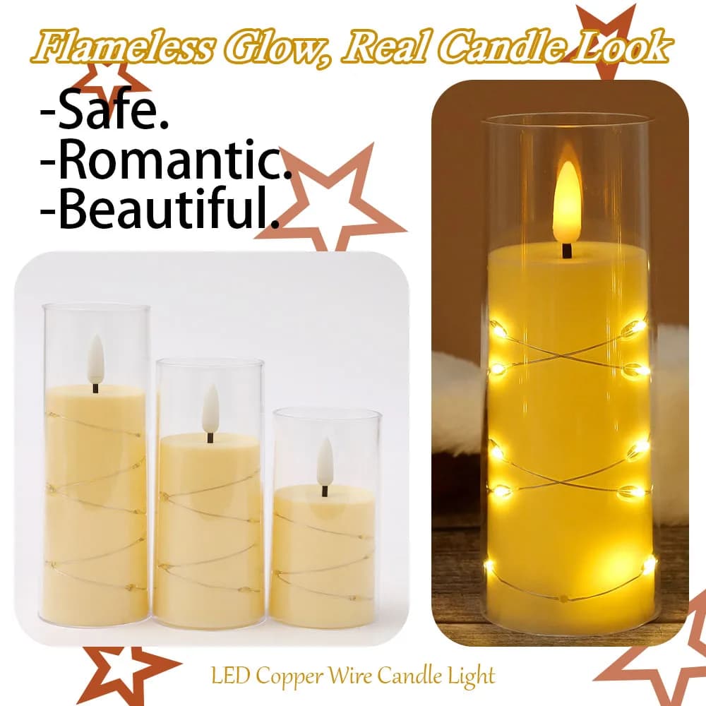3 pcs/set LED Copper Wire Candleless Candle Lights Birthday Christmas Flame Simultaneous Lights Atmosphere Decorations for Romantic House