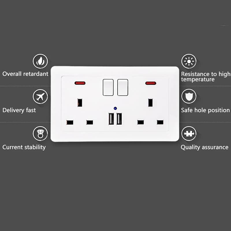Presa USB da Parete Standard UK, Doppia Porta di Ricarica USB 5V 2.1A con Indicatore LED 146mm*86mm e Interruttore di Controllo 13A
