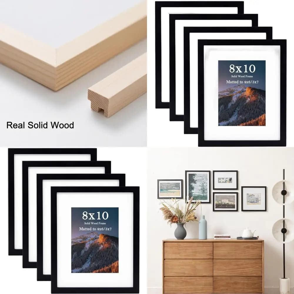 Set of 8x10 Solid Wood Frames, Contains 4x6/5x7 Frames with Passepartout or 8x10 Without, Black, Wall or Table Decoration