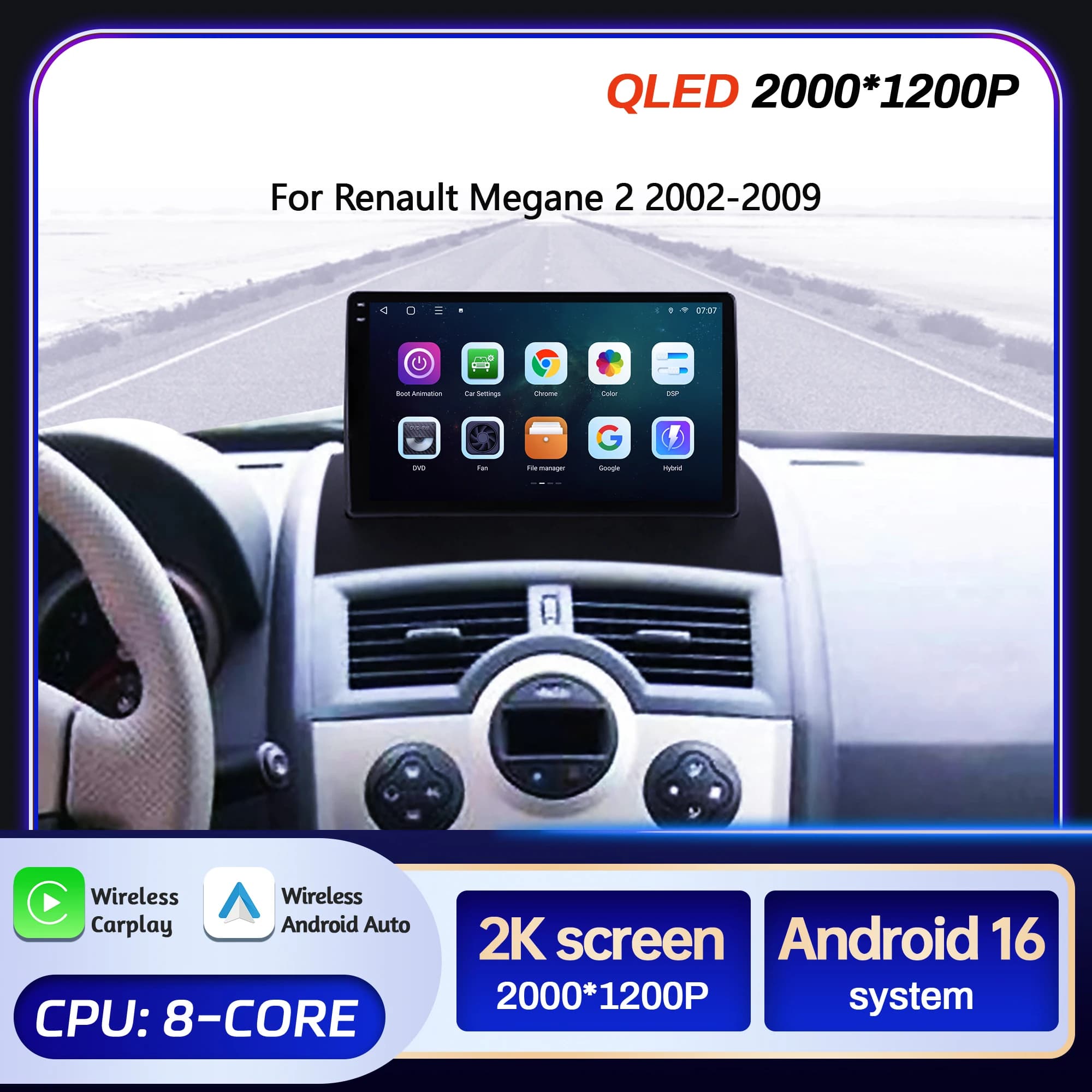 9inch Car Radio For Renault Megane 2 2002-2009 BT Carplay Android 16 Multimedia Navigation Head Unit 2K QLED Screen