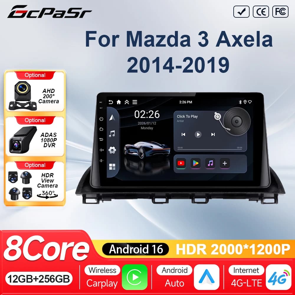 Autoradio Android 16 per Mazda 3 Axela 2014 2015 2016 2017 2018 2019, Lettore Multimediale con Navigazione GPS, Carplay, Senza DVD 2din