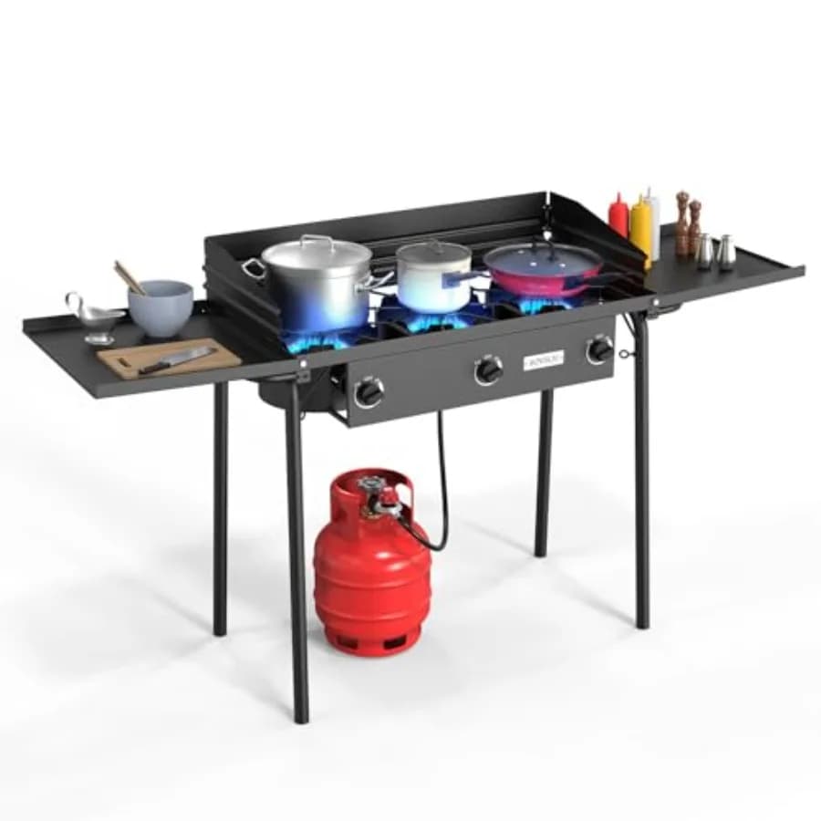 Fornello a Gas a 3 Fuochi con 2 Ripiani Laterali, 225.000 BTU, Fornello Portatile a Propano con Gambe Rimovibili, Pannello Antivento e Regolatore per Campeggio