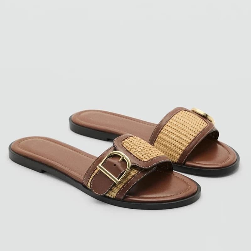 Pantofole piatte con design con fibbia per cintura alla moda per donna Sandali da spiaggia casual intrecciati con punta aperta estiva Comfort Mocassini antiscivolo Infradito