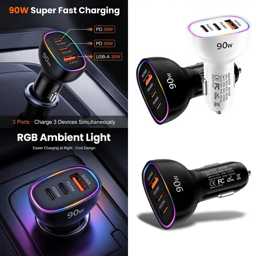 Super Fast Charging 90W Car Charger Multi Port Dual PD 30W Type C USB A 30W Power Adapter for Laptop MacBook Phone PPS RGB LED