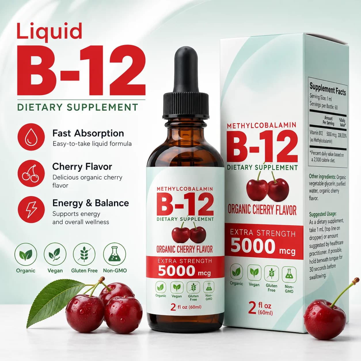 Gocce di Vitamina B12 5000mcg Metilcobalamina Liquida Sublinguale Integratore Gusto Ciliegia Vegano Senza Zucchero Nutrizione Quotidiana 60ml