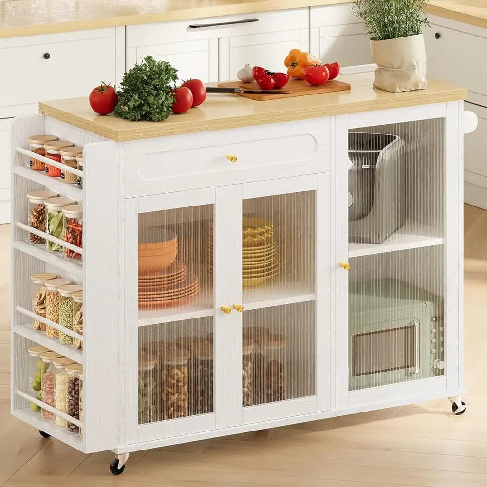 Rolling Kitchen Cart with Storage, Power Outlet, Spice Rack & Towel Bar