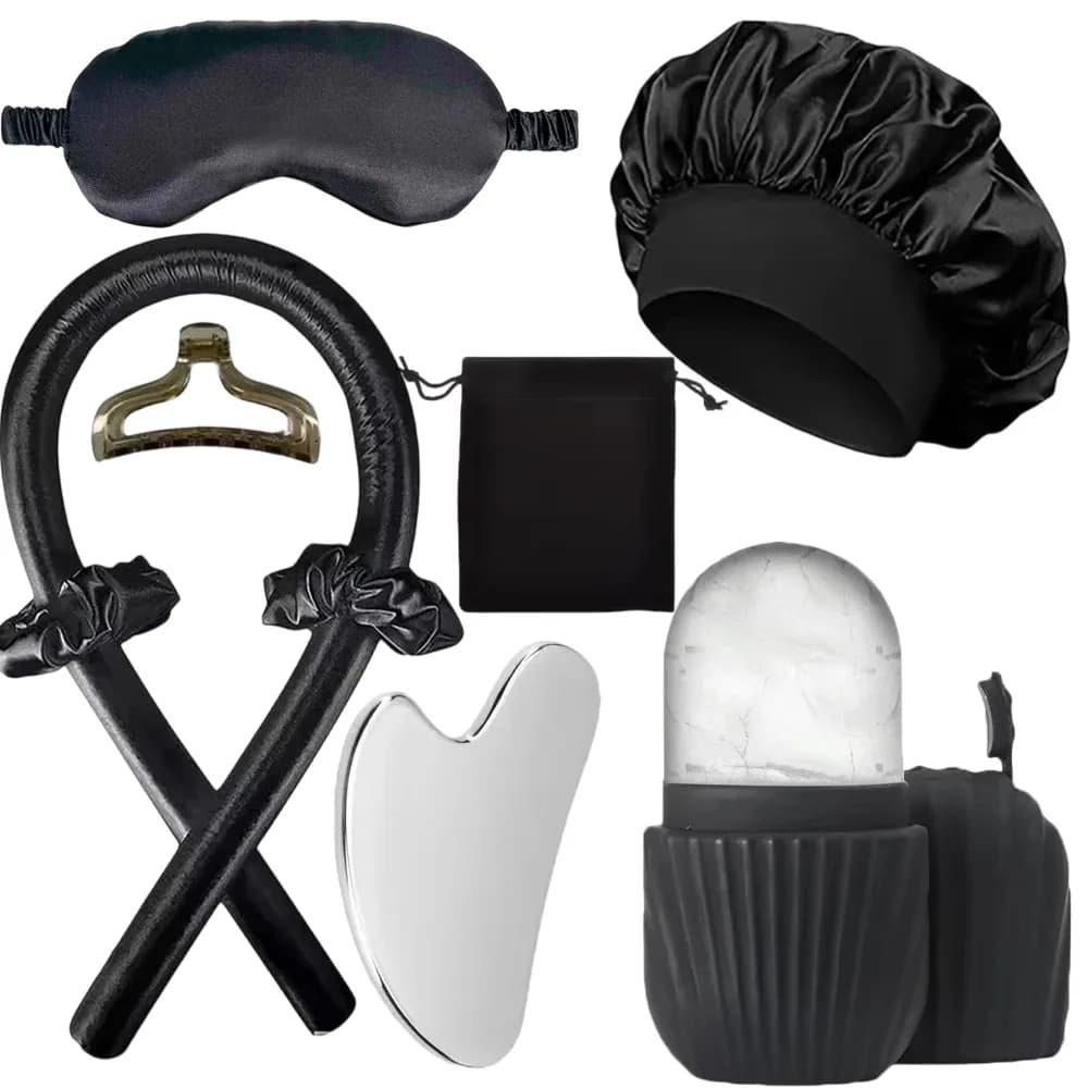 Set da Notte di Lusso in Seta da 3/4/5/9 Pezzi: Maschera per Occhi, Cuffia in Raso, Cuscino in Memory Foam, Gua Sha, Rullo Massaggiante Viso, Kit Spa Regalo Donna