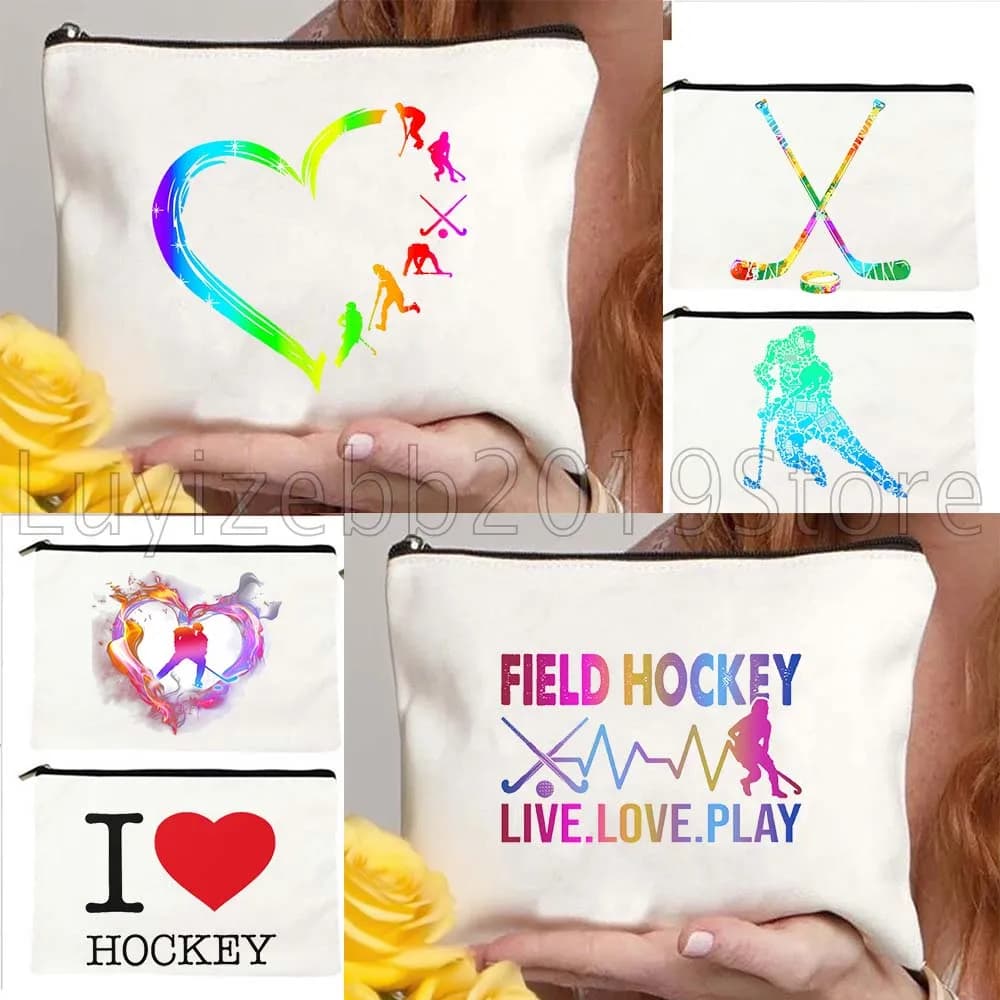 Giocatore di hockey su campo Hockey su ghiaccio Regali per gli amanti dei pattini Borsa per cosmetici in tela Custodia per trucco Articoli da toeletta da viaggio Custodia per organizer