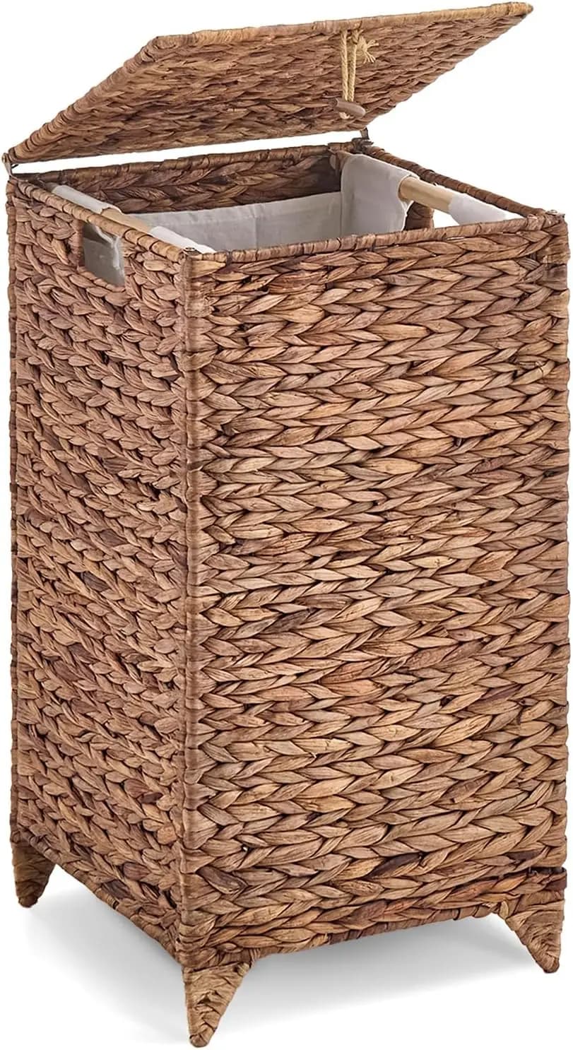 Natural Water Hyacinth Heightened Feet Laundry Basket, Wicker Clothes Hamper with Removable Liner Bag