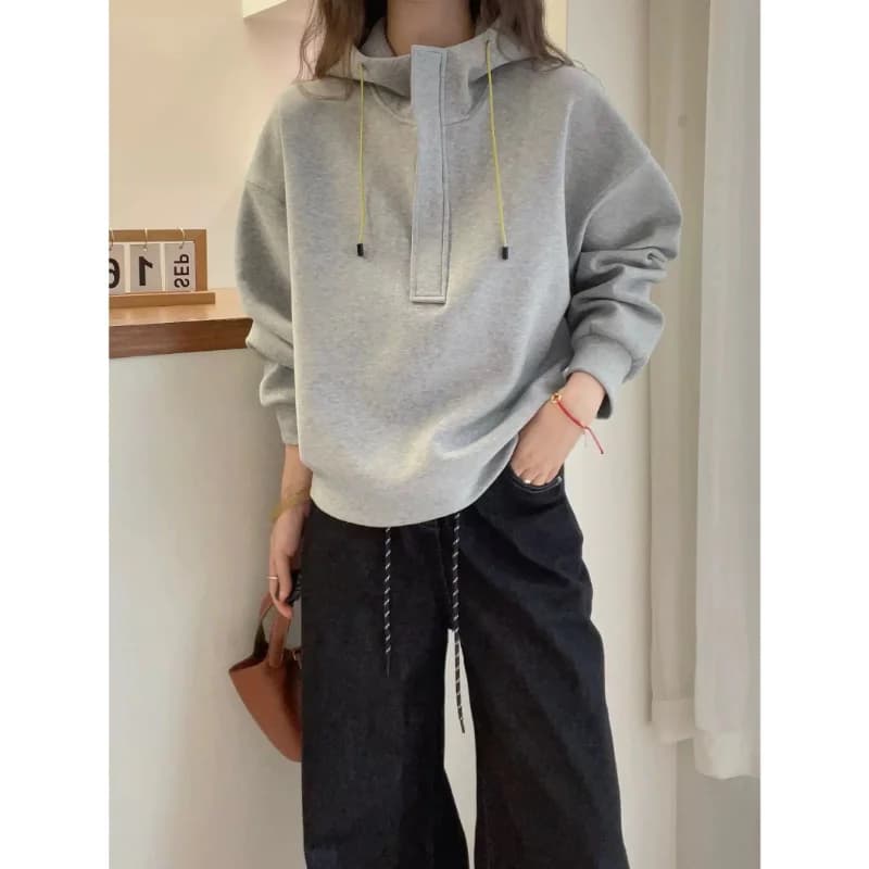 Korean Spring and Autumn New Solid Color Loose Hoodie Women's Casual and Versatile Long Sleeve Pullover Top