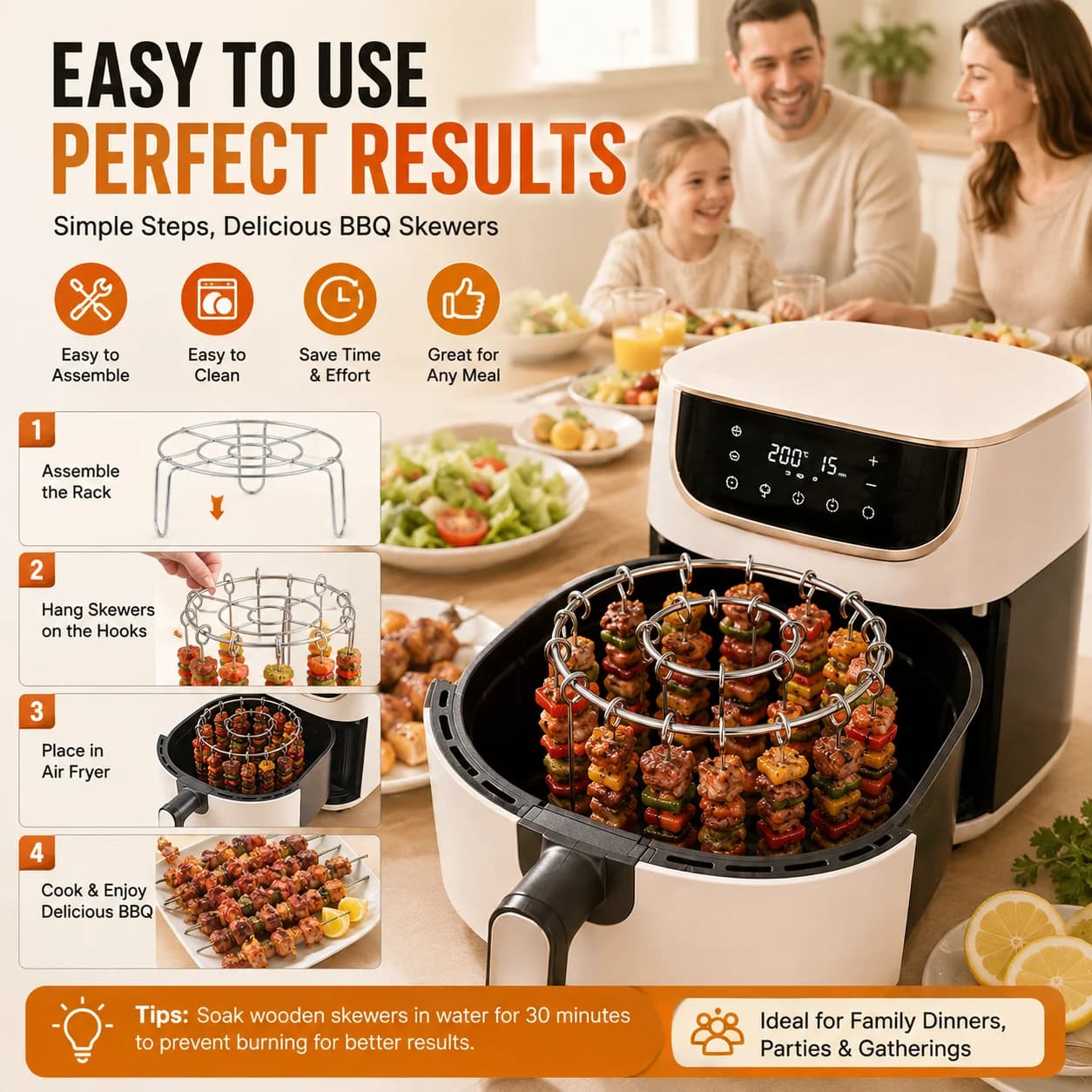 15 Hook Stainless Steel Square BBQ Skewer Rack Detachable Grill Stand for Kebab Meat Vegetable Air Fryer Home Barbecue Cooking