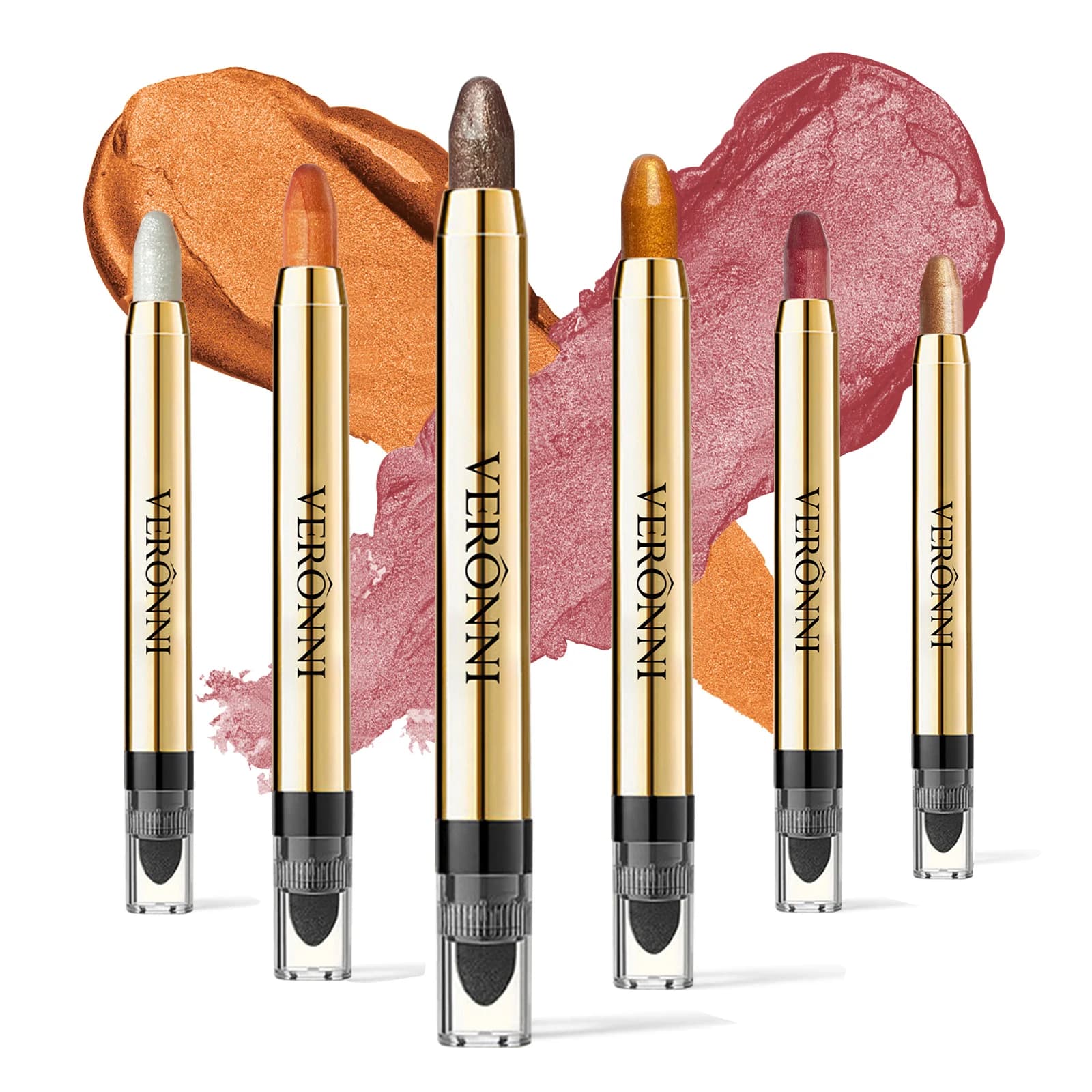 VERONNI Stick Double Toe Shadow 6 Colors – Water Resistant, Metallic Gloss, Long Lifetime, Integrated Blender Sponge, Compact Size