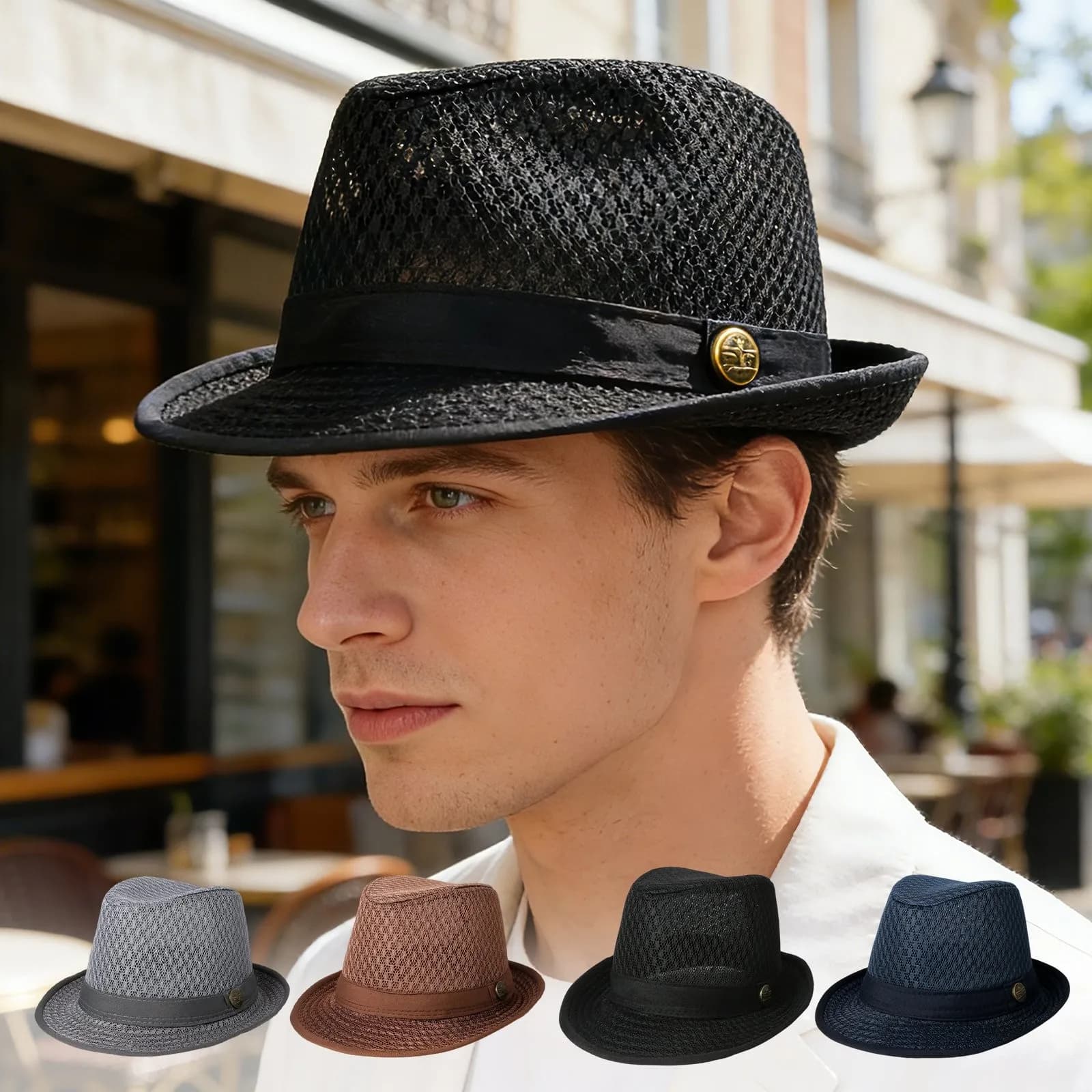 Men Lightweight Mesh Breathable Fedora Hat Simple Belt Foldable Casual Dress Hat