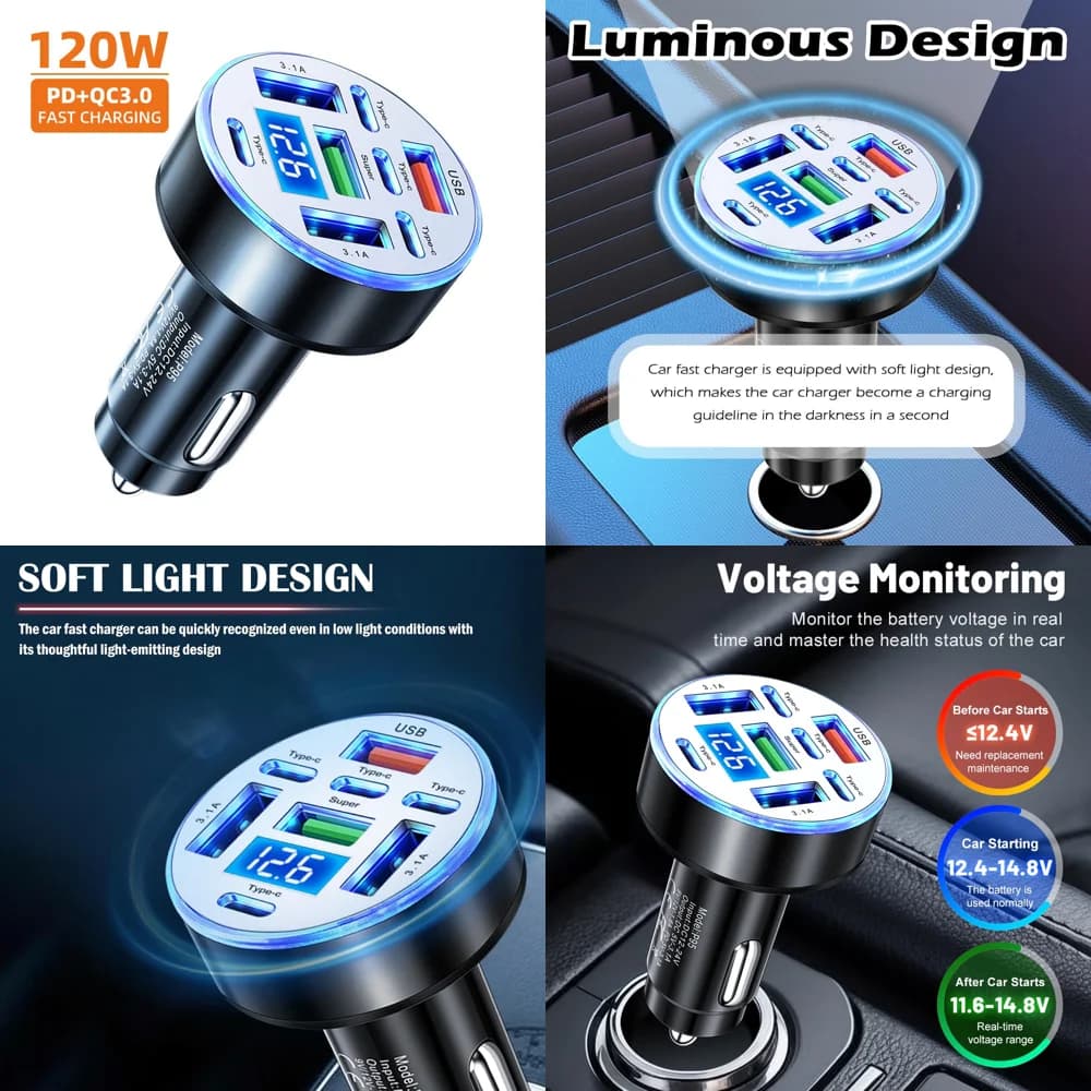 UYUXIO Caricabatterie da Auto Multiporta 4 PD 4 USB A con Voltmetro, Adattatore di Ricarica Super Veloce con Display di Tensione per iPhone