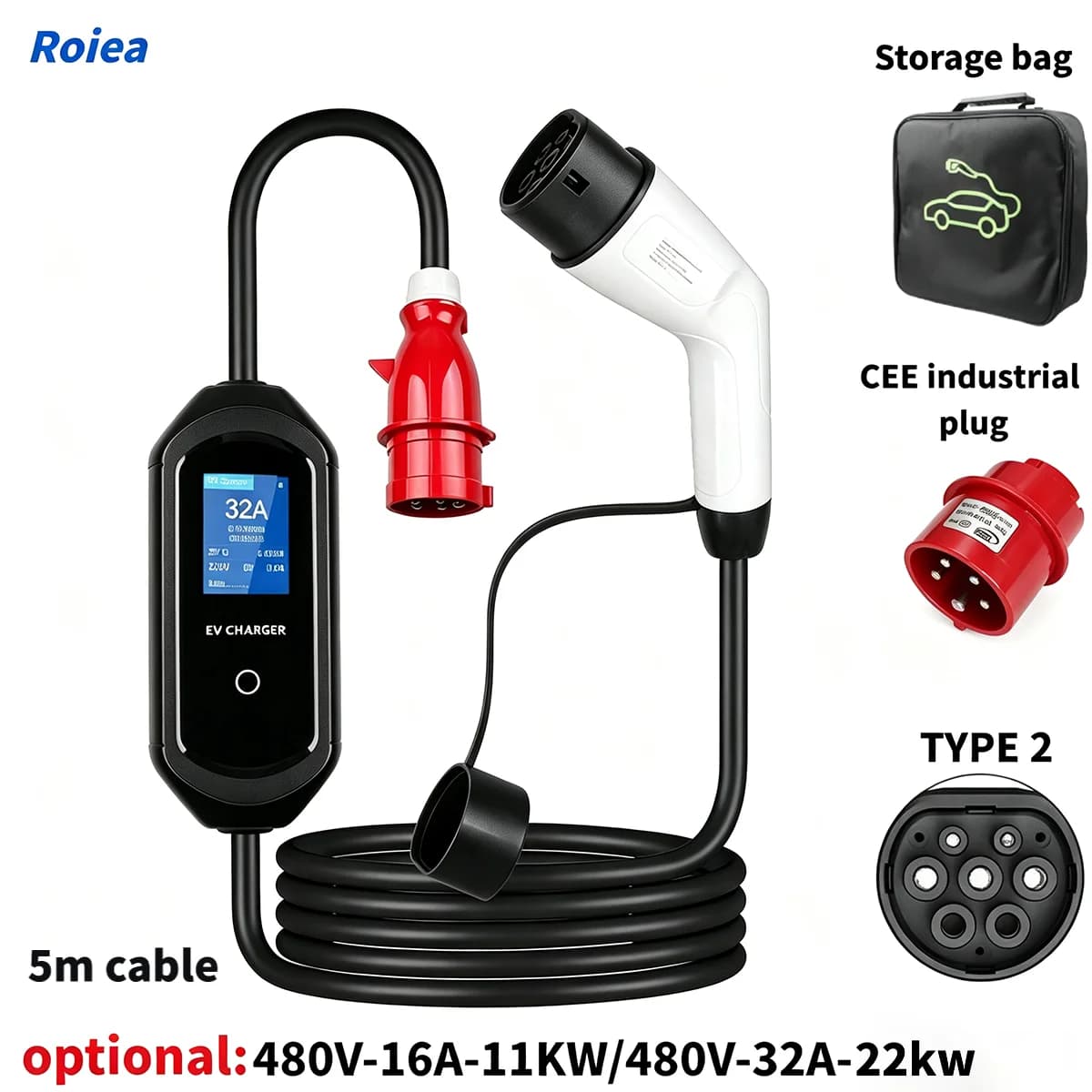 Roiea 11kW/22KW Type2 16A/32A Portable EV Charger Wi-Fi APP Bluetooth Version EVSE Charging Cable 5m CEE Plug for Electric Car
