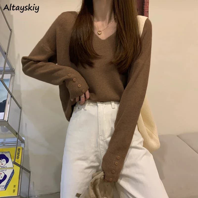V-neck Pullovers Women Autumn Basic Fashion 5 Colors Long Sleeve Sweaters All-match Tops Loose Elegant Ulzzang Gentle Daily Ins