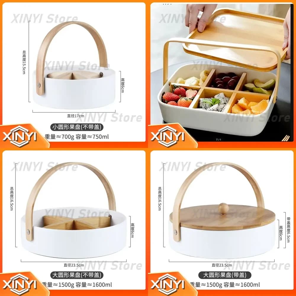 Ceramic Plate Fruit Bowl with Wooden Lid for Dried Snacks Salad Platter Candy Box Decorative Dish Home Kitchen Tableware
