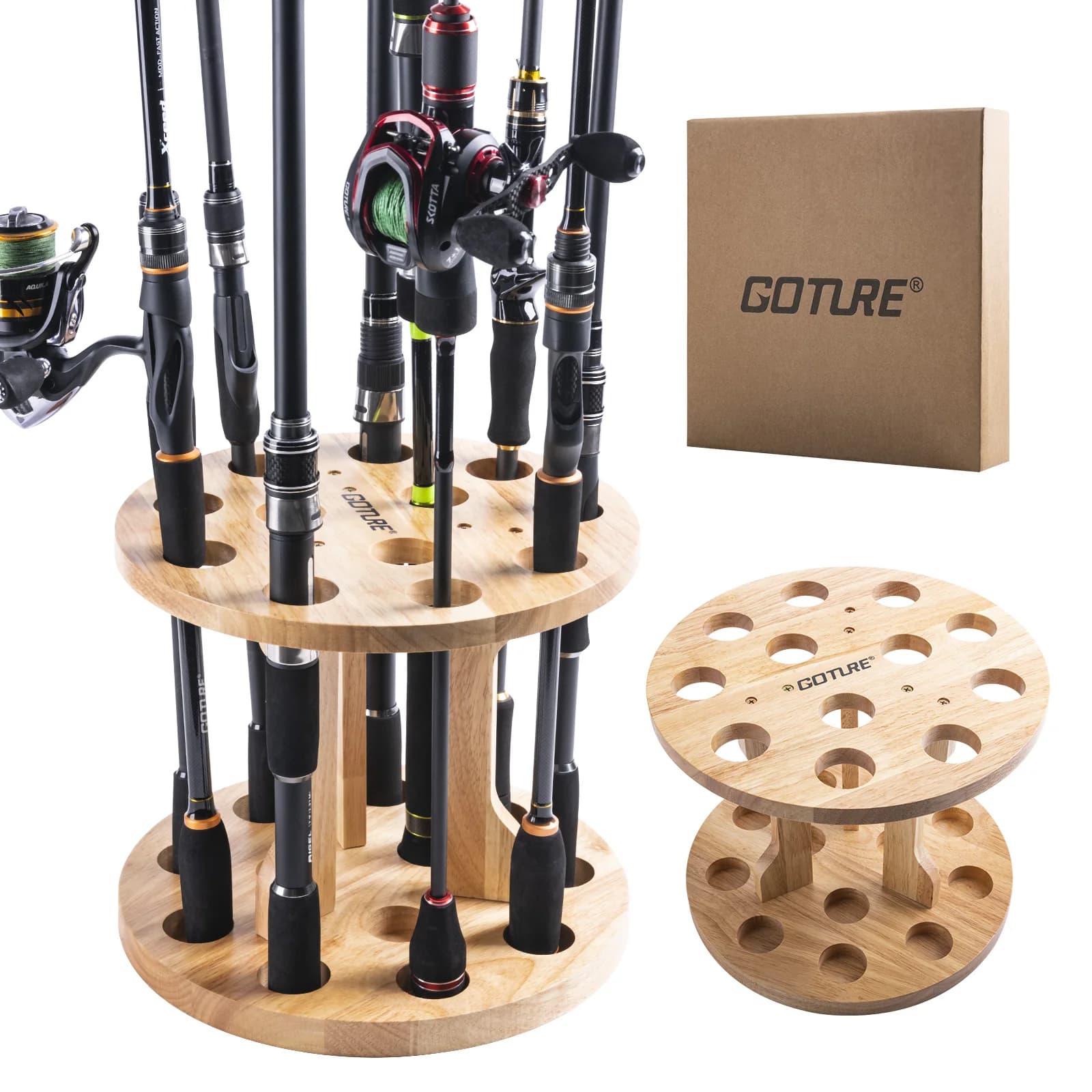 Goture Portacanne da Pesca in Legno a Doppio Strato, Resistente, Capacità 12 Canne, per Garage, Espositore per Canne da Pesca, Struttura Fissa