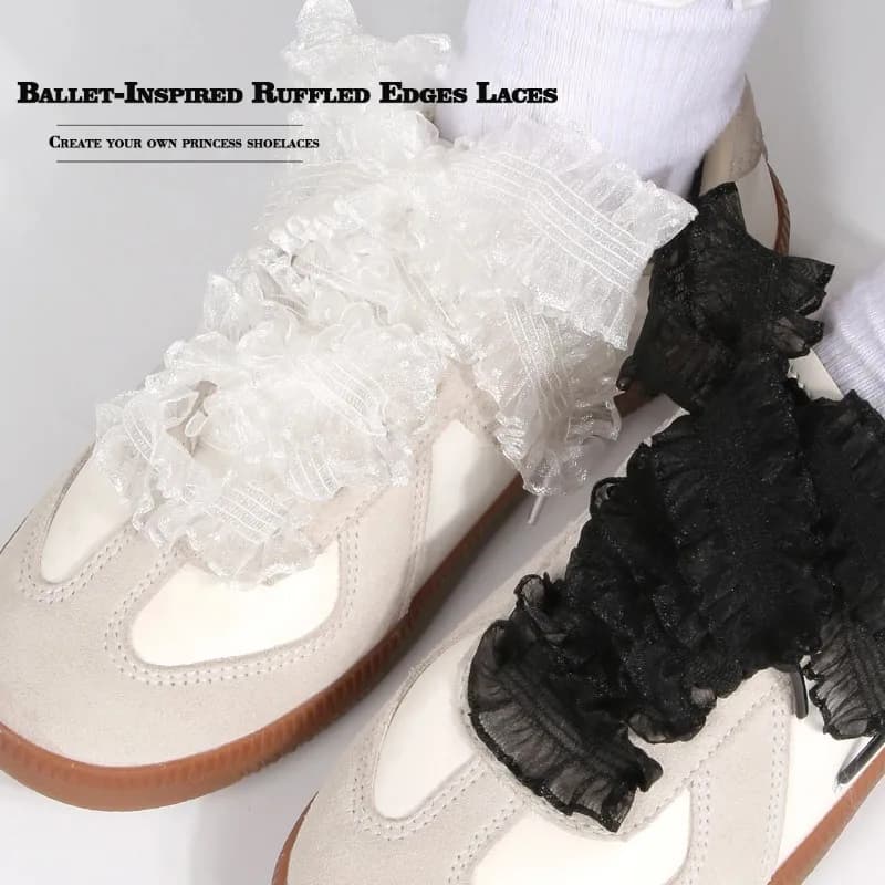 Ruffled Trim Elastic Fairy Shoelaces Wooden Ear Edge Decorative Shoe Laces White Black Sneaker Replacement Strings