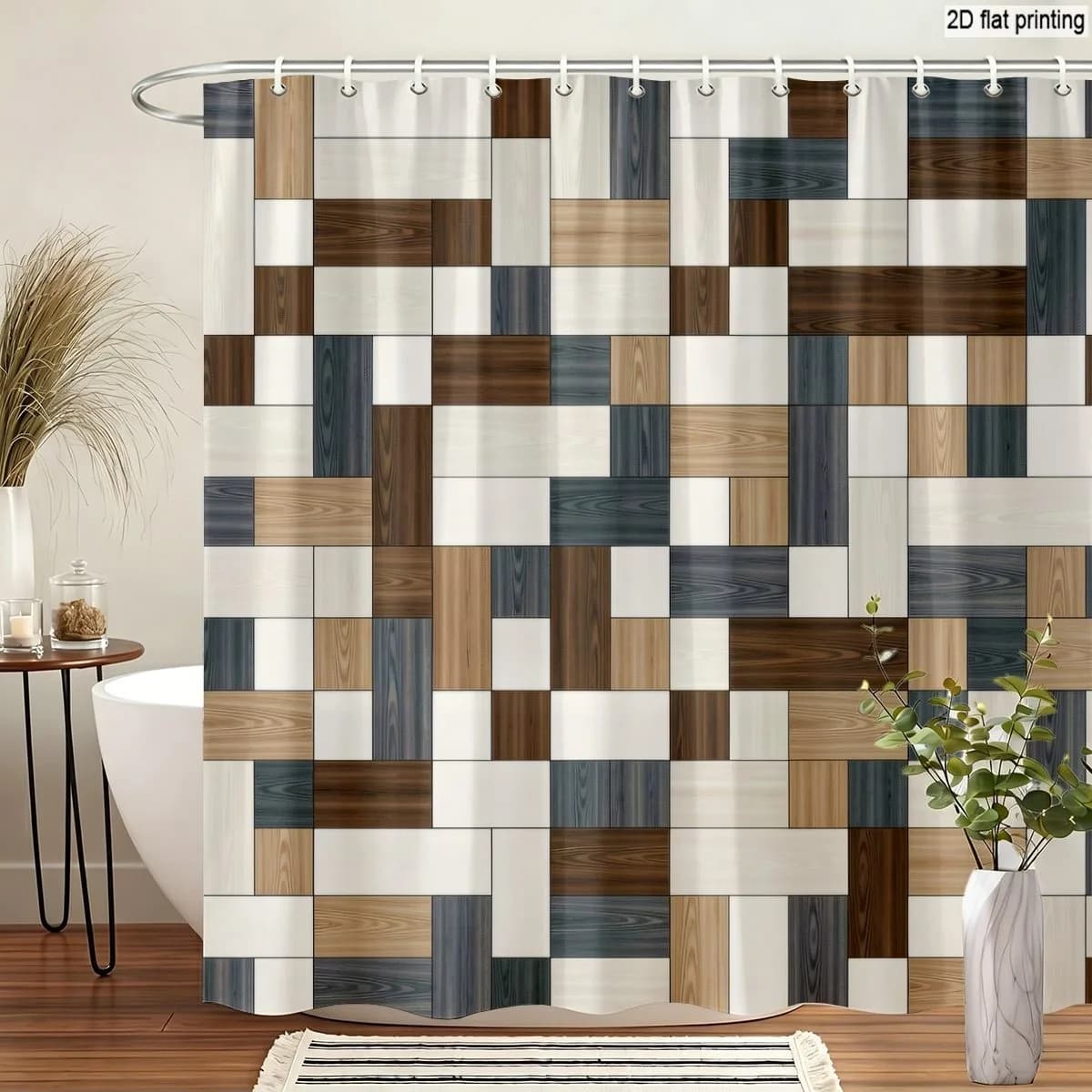 Waterproof Polyester Bathroom Shower Curtain Wood Planks Tile Pattern Modern Rustic Design Liner for Luxury Master Bathroom Deco