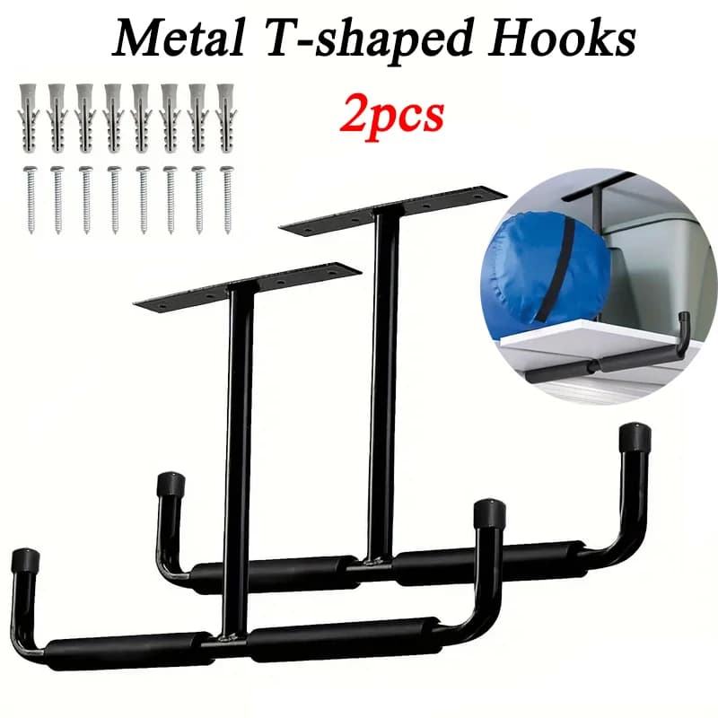 2pcs Metal T-shaped Hook Wall-mounted Display Rack Multifunctional Heavy Duty Ceiling Mounted Garage Storage Hook Organizer Tool
