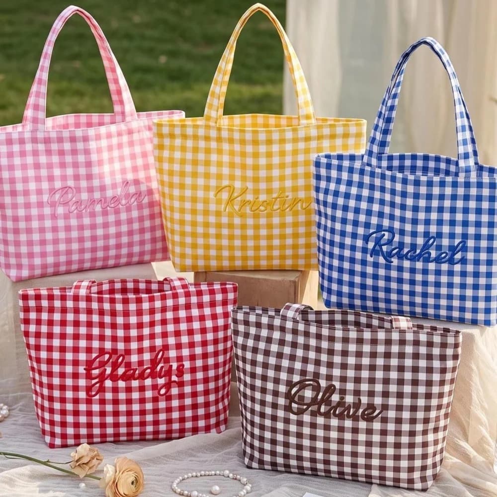 Custom Personalized Embroidered Name Gingham Plaid Tote Bag Multicolor Mini Handbag Bridesmaid Gift for Bachelorette Weekend