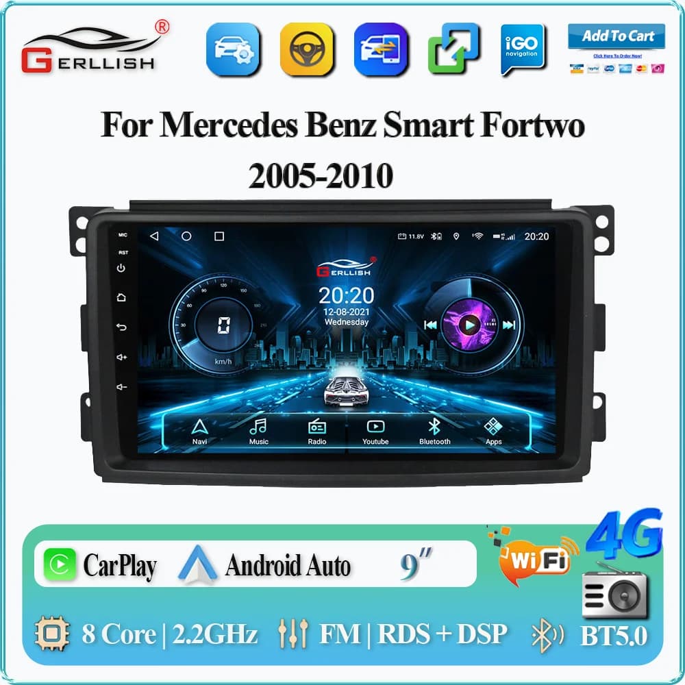 Android DSP GPS Navigation Screen for Mercedes Benz Smart Fortwo 2005-2010, Multimedia Autoradio with Audio FM Video Reader, 1 Year Warranty