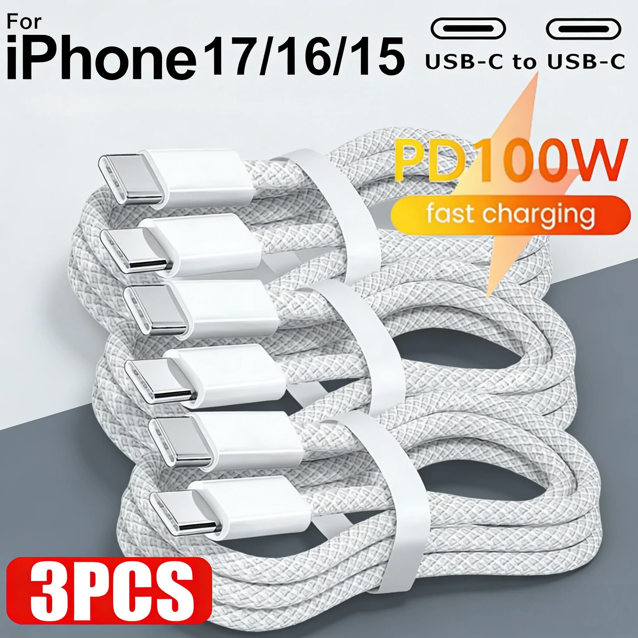 100W Type-C USB-C cable (3 pieces) for iPhone 15 16 Pro, PD fast charging cable for Huawei Xiaomi Samsung, woven data cable
