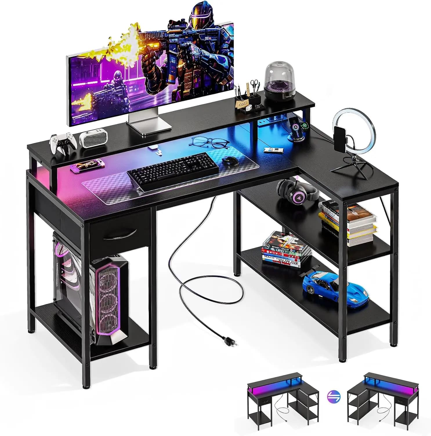 L-Shaped Corner Gaming Desk with LED Lights and USB Charging Ports, Reversible Design for Small Spaces, Includes Power Outlets, Monitor Stand and Storage Shelves, 47 Inch, Black