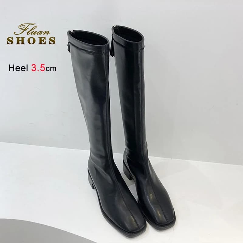 Stivali lunghi con cerniera posteriore Donna Donna Stivali al ginocchio con punta quadrata elastica Stivali con gamba sottile 3,5 cm Tacchi alti Autunno Inverno Scarpe da donna sexy
