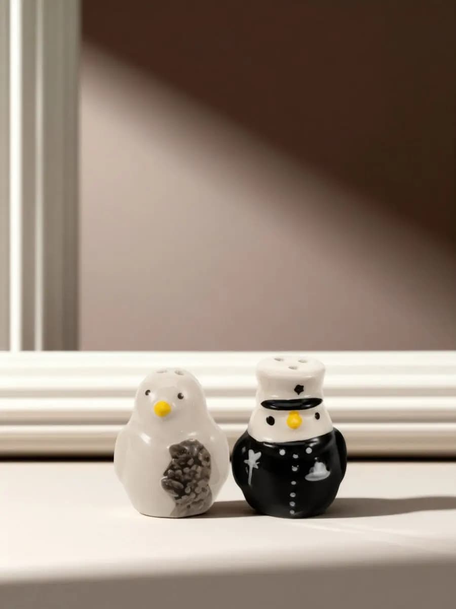 2Pcs Ceramic Penguin Shaped Seasoning Bottle Set for Salt Pepper Sugar Spices Kitchen Decor Compact Leak-Proof Condiment