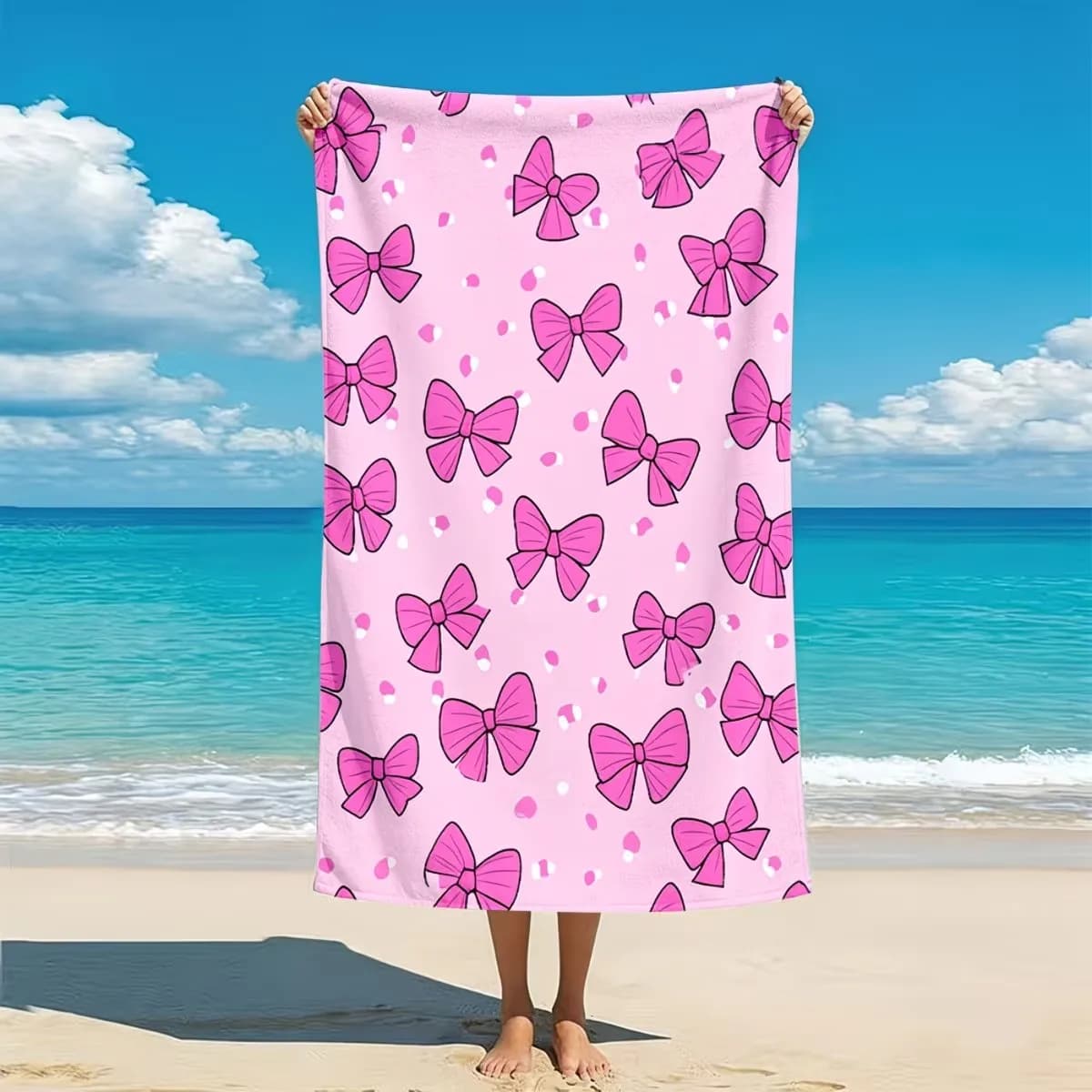 Telo Mare XL in Microfibra Rosa con Fiocco Stile Coquette, Telo da Viaggio Gigante Oversize per Donna, Grande Tappetino da Picnic Yoga Palestra