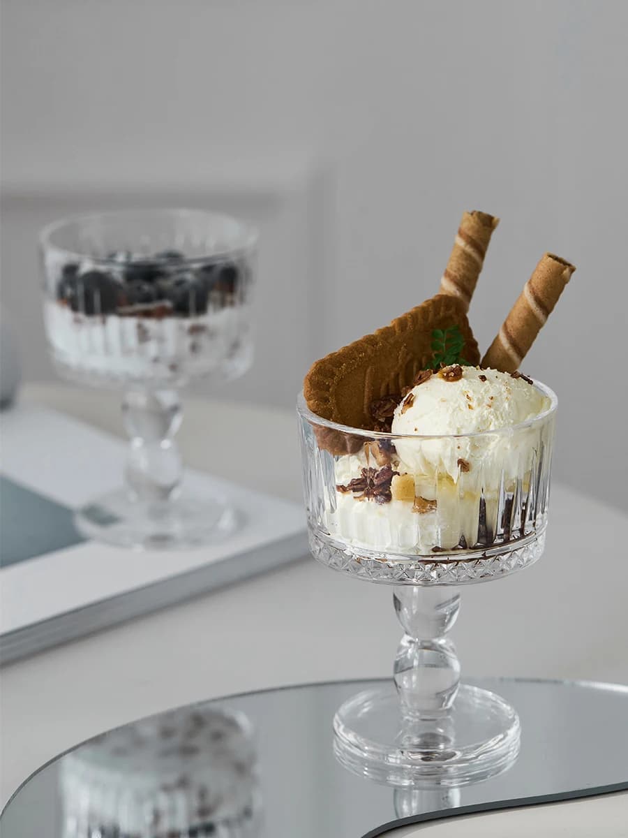 Milifengwu Premium Glass Ice Cream Cup Cocktail Shaker High Foot Drink Glass Transparent Lead-Free round Handle Dessert Cup
