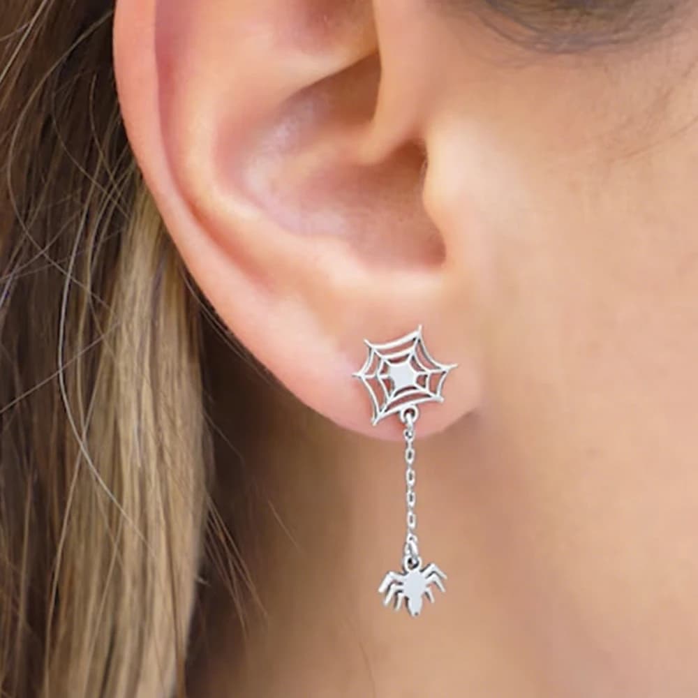 Orecchini a bottone con ciondolo animale ragnatela per donna Orecchini pendenti a catena lunga color argento unico punk Gioielli di Halloween