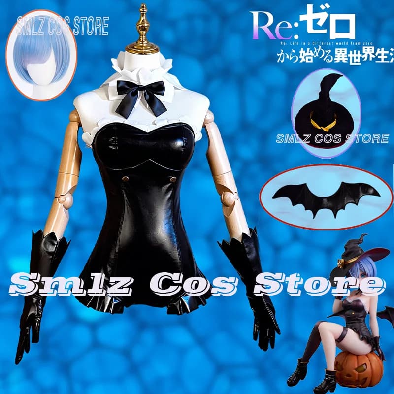 Rem: Phantom Night Magician Ver Cosplay Costume Woman Witch Sexy Black Leather Skirt Hat Wing Prop Wig Set Party Outfit